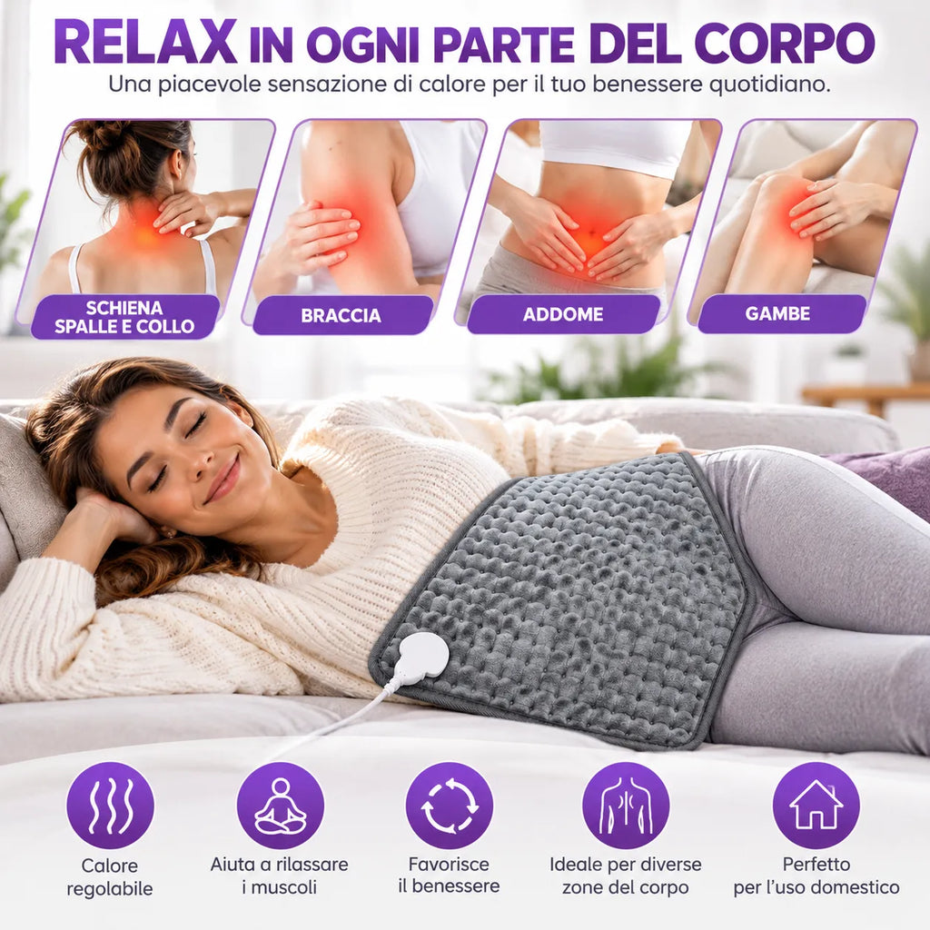 Cuscino riscaldante grigio con cavo e telecomando, appoggiato sul letto
