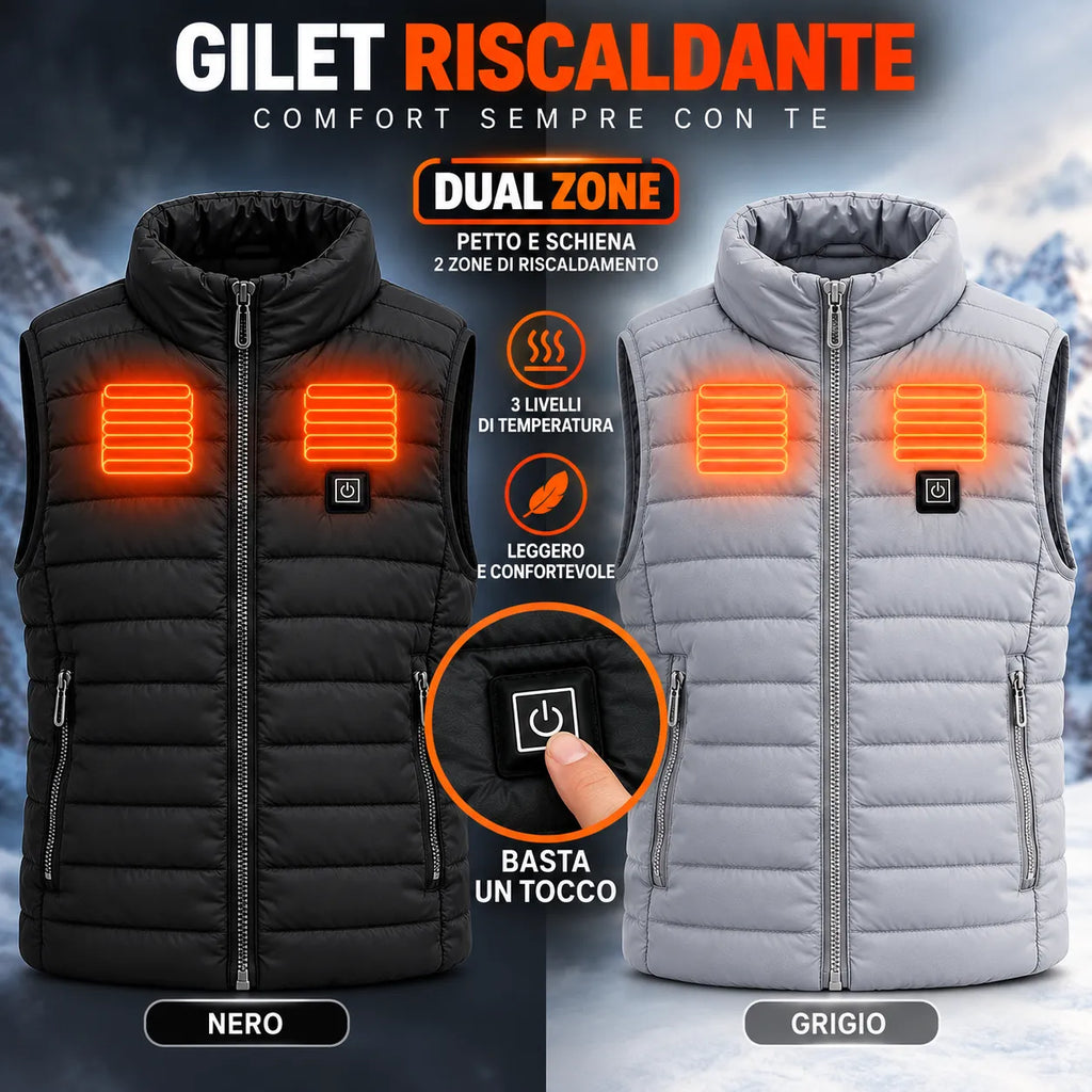 Gilet riscaldante unisex nero imbottito con cappuccio, zip frontale e pannelli calore accesi