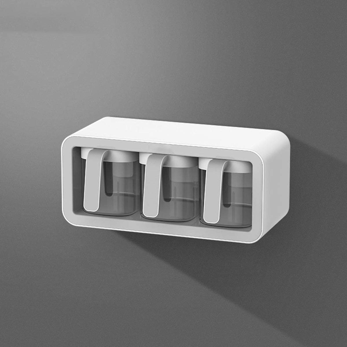 Organizzatore salvaspazio a 3 griglie con 3 contenitori trasparenti, bianco e grigio.
