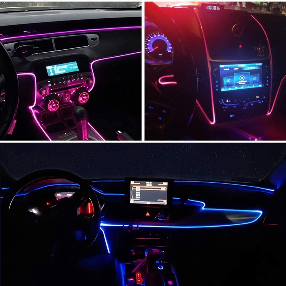 Luci LED RGB per interni auto con illuminazione viola e blu su consolle