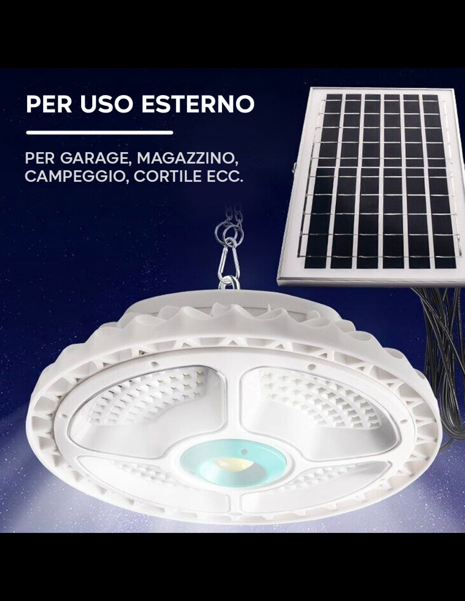Plafoniera LED solare tonda bianca con gancio e pannello solare per esterni