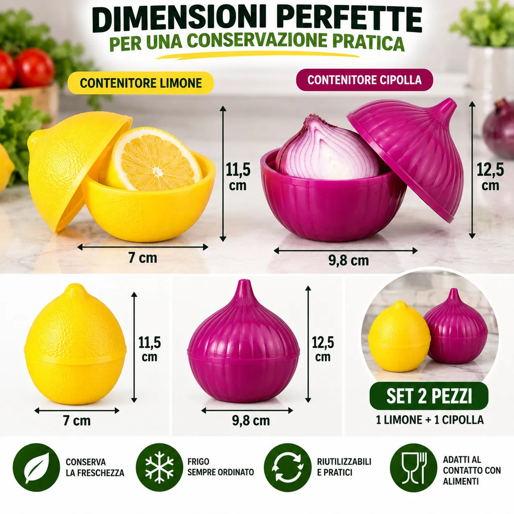 Set 2 contenitori in plastica per limone e cipolla con coperchi, formato compatto