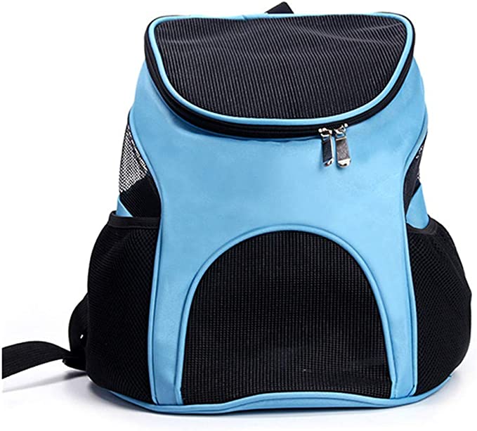 Trasportino zaino per cani e gatti blu con porta frontale ad arco e zip superiore