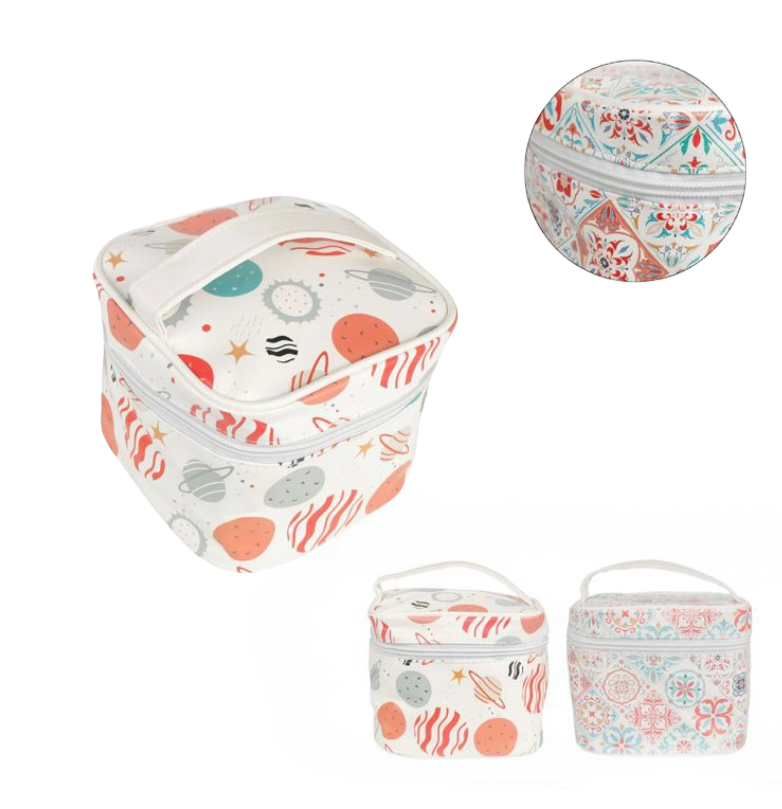 Pochette a cubo da viaggio bianca con stampa pianeti e zip, organizer impermeabile.