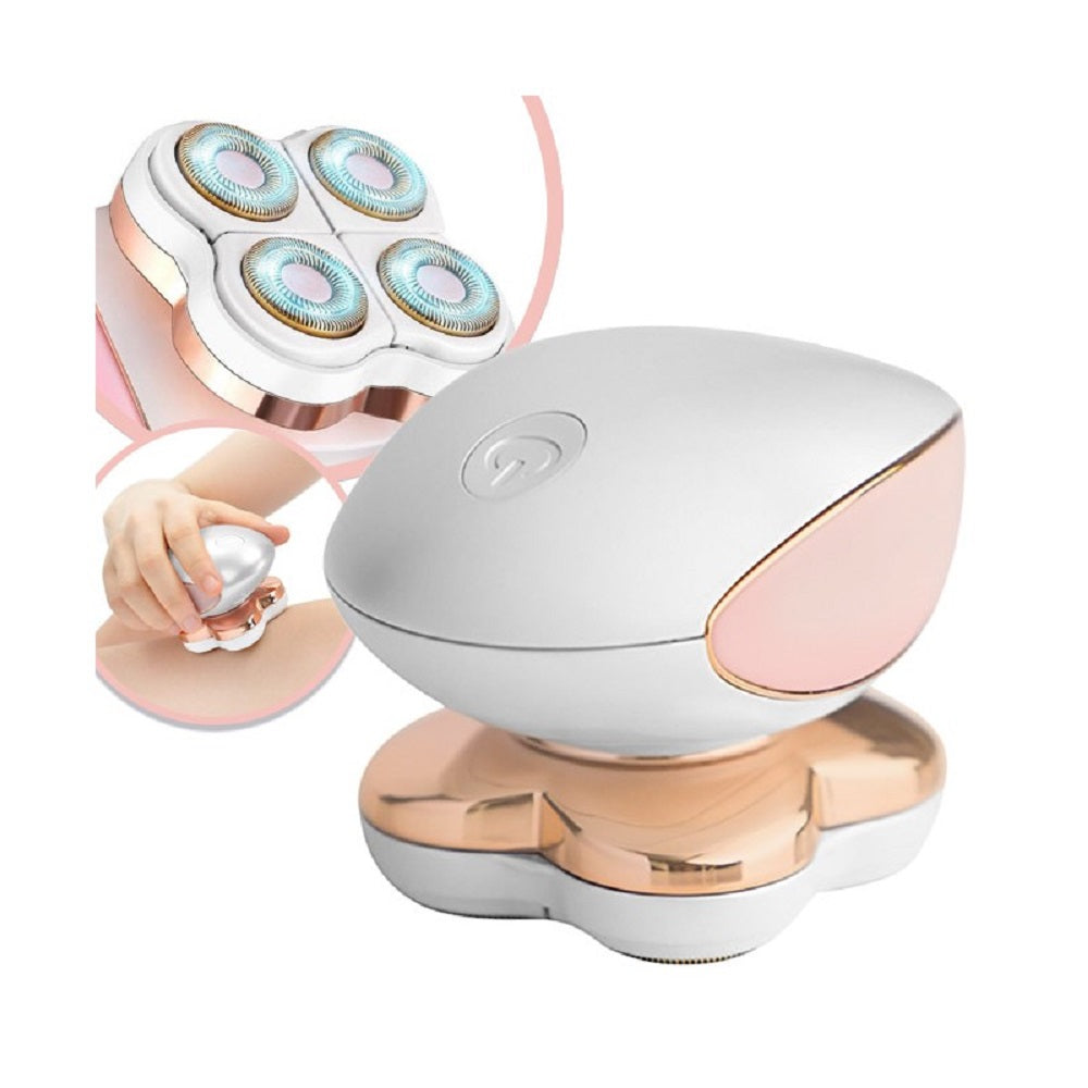 Mini epilatore portatile bianco con base e testine rotonde dorate