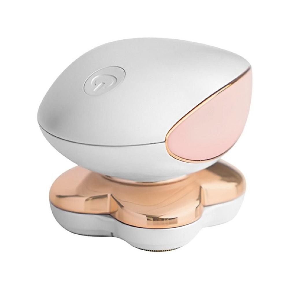 Mini epilatore portatile bianco con rifiniture oro e fascia laterale rosa