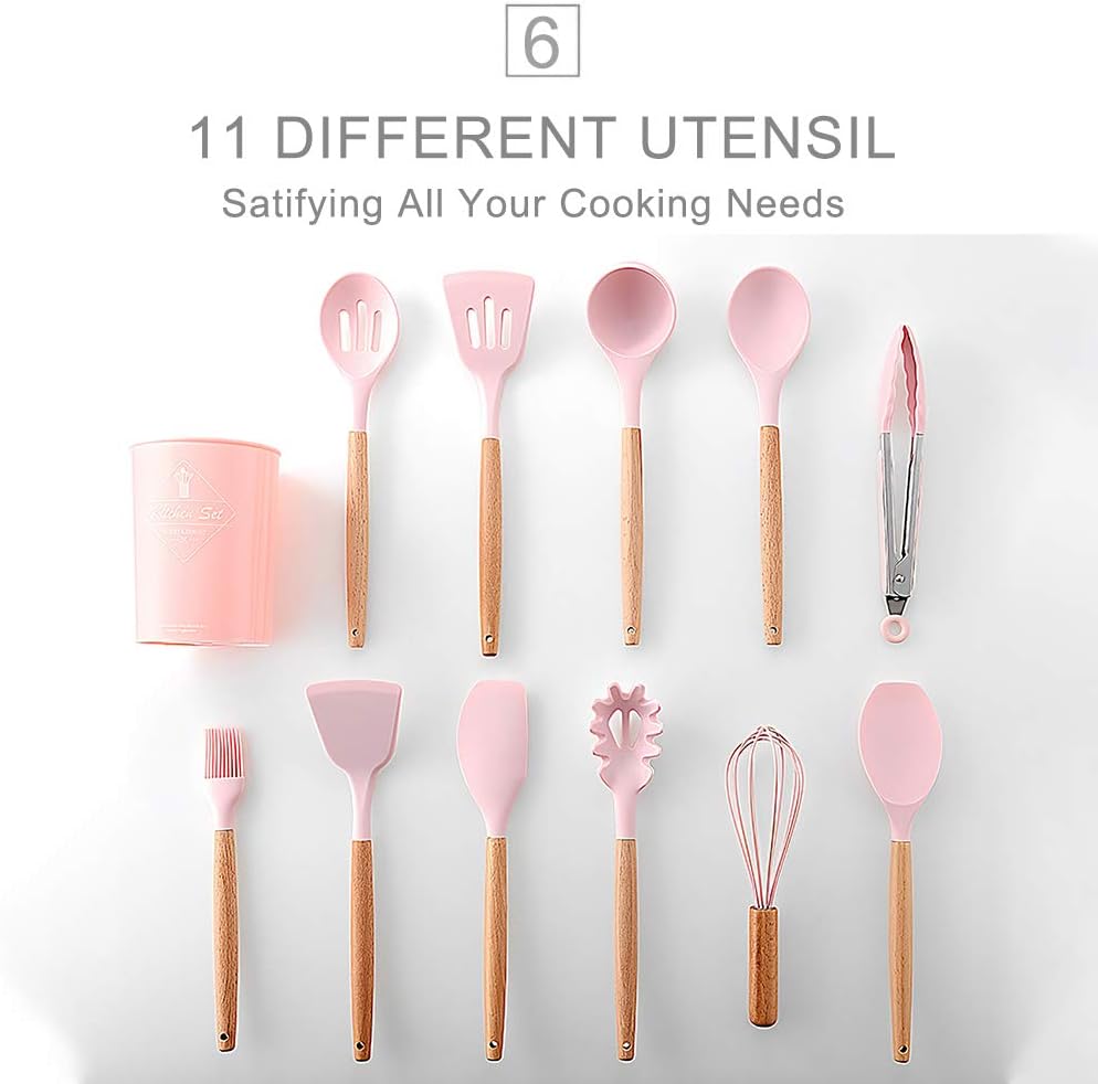 Utensili da cucina rosa in silicone con manici in legno, assortimento