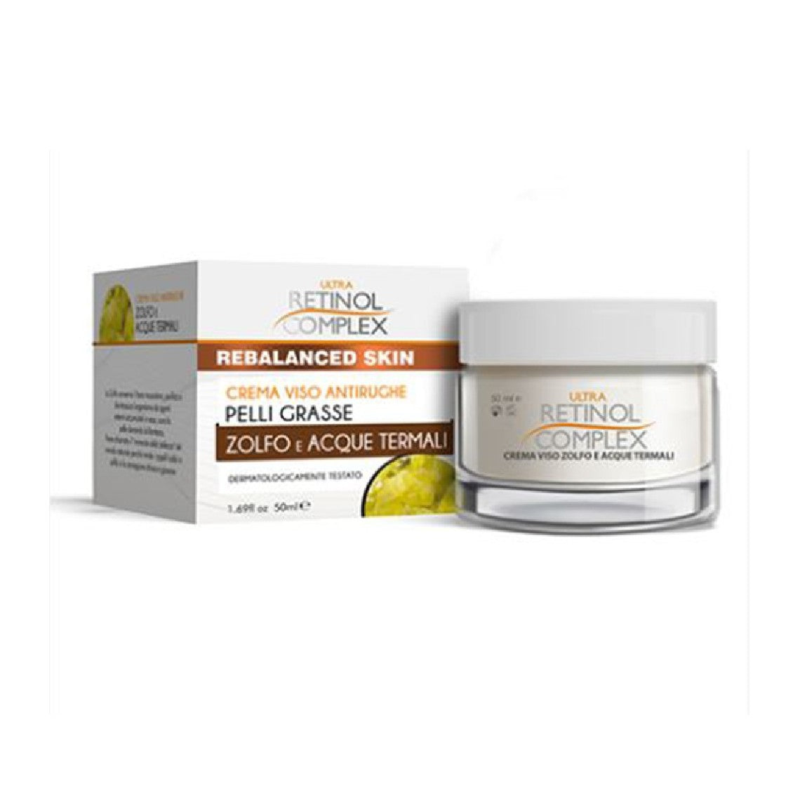 Crema viso in vasetto con coperchio bianco e scatola grigia con scritta Zolfo