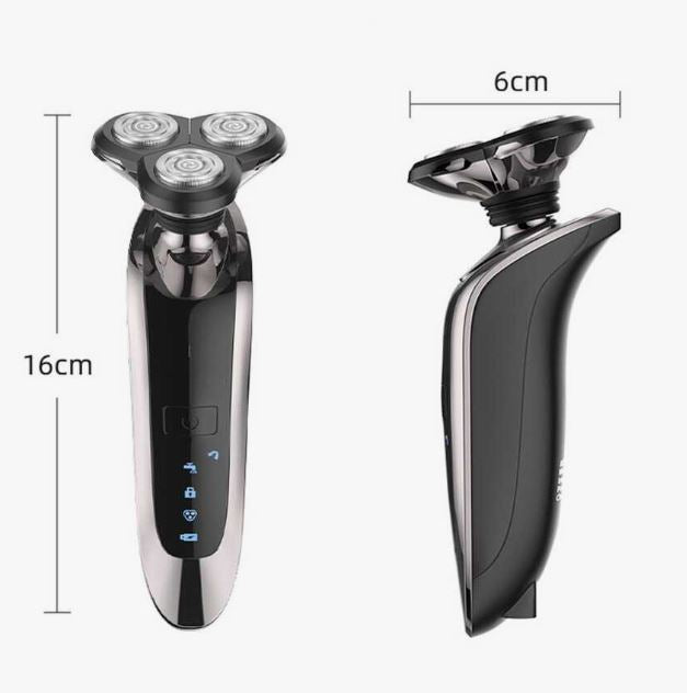 Rasoio da barba elettrico nero e argento, vista laterale con testina