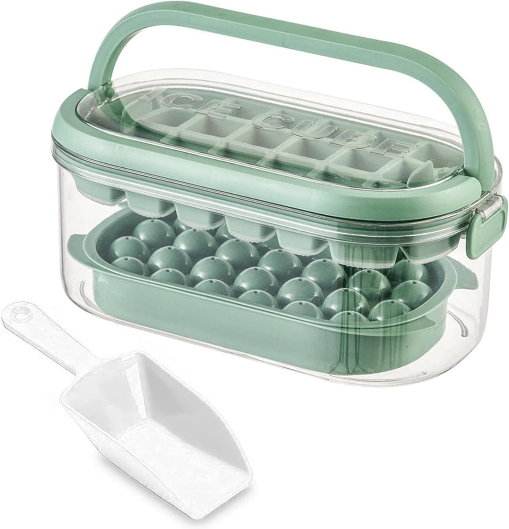 Contenitore per ghiaccio con stampo verde e palline rotonde, coperchio trasparente