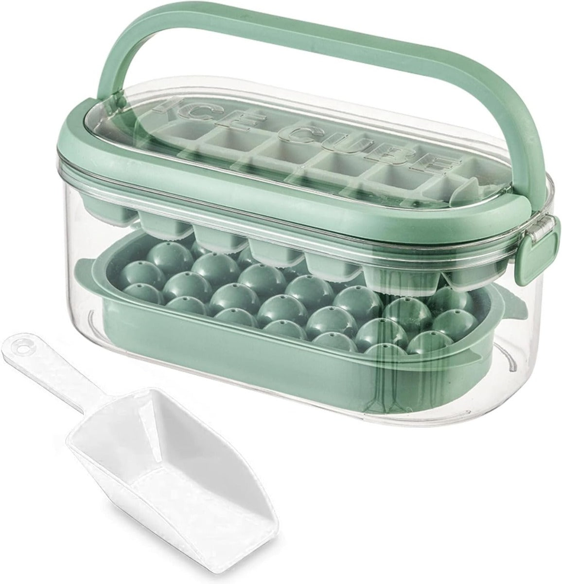 Contenitore per ghiaccio con stampo verde e palline rotonde, coperchio trasparente