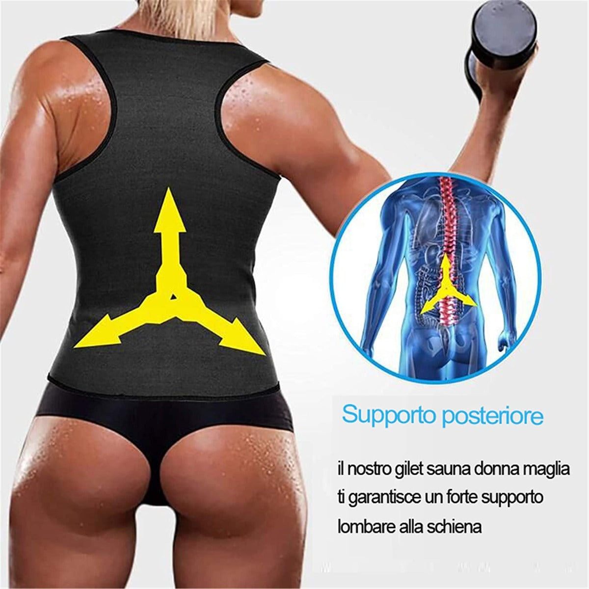 Gilet sauna in neoprene nero con schiena scoperta e cuciture di supporto
