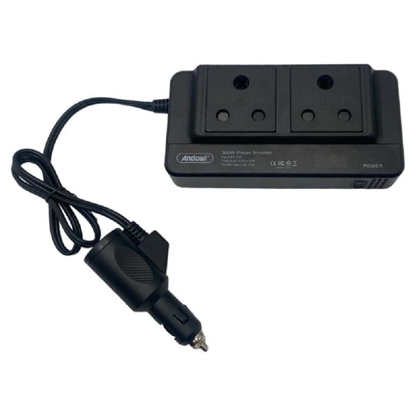 Inverter per auto 300W con 2 prese e cavo, con spina accendisigari e interruttore