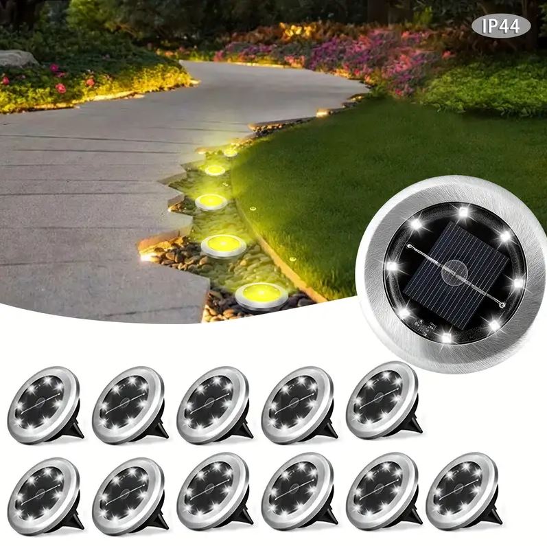 Faretto solare da incasso LED tondo con pannello, cornice in acciaio, luce gialla