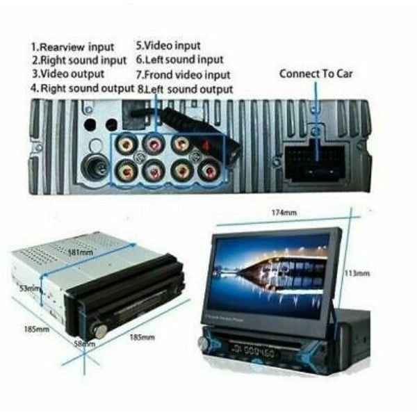 Autoradio 1 din: schema connessioni con ingressi e dimensioni