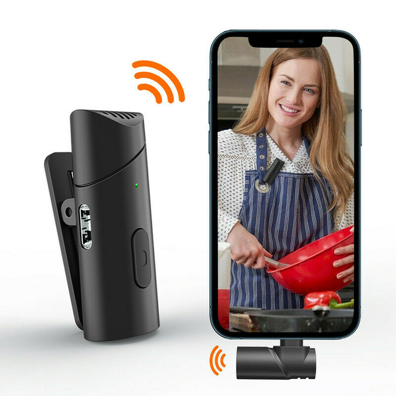 Microfono wireless nero con clip da bavero e indicatore LED