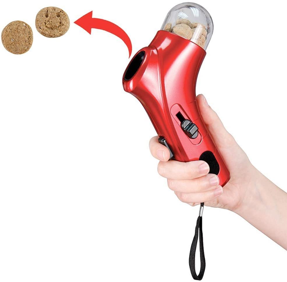 Pistola dispenser per crocchette per cani, rossa con pulsante e tracolla nera