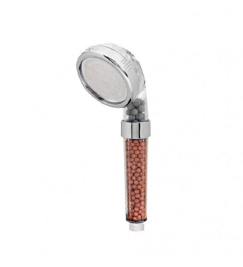 Soffione doccia portatile cromato con testa tonda e serbatoio sali minerali marroni