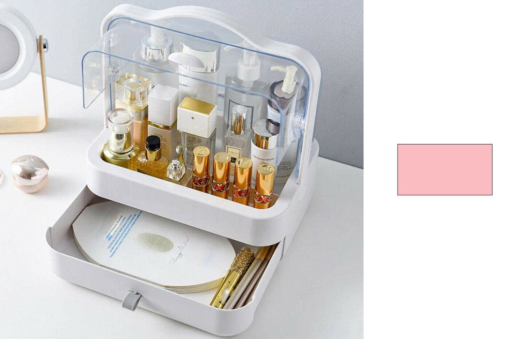 Scatola organizer per cosmetici con ripiano antipolvere e cassetto estraibile, maniglia