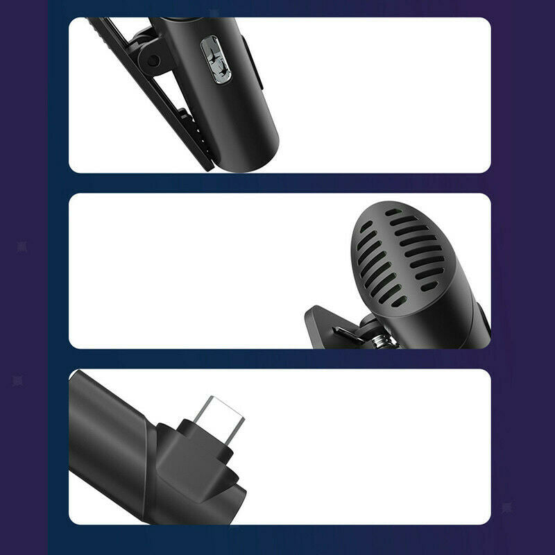 Microfono wireless nero con clip da bavero su supporto per smartphone
