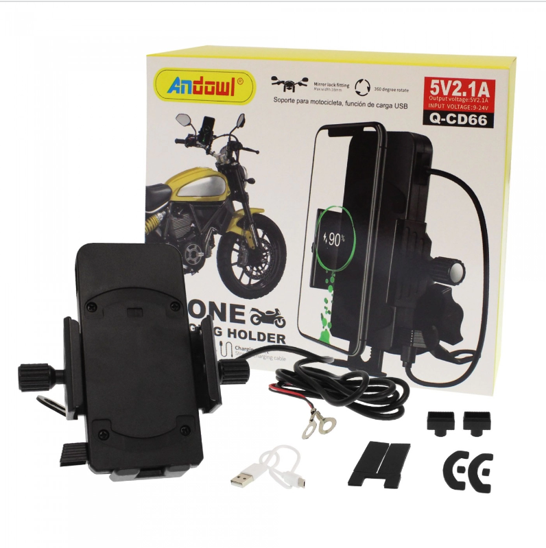 Supporto smartphone da moto nero con presa USB e rotazione 360°, con cavo e accessori