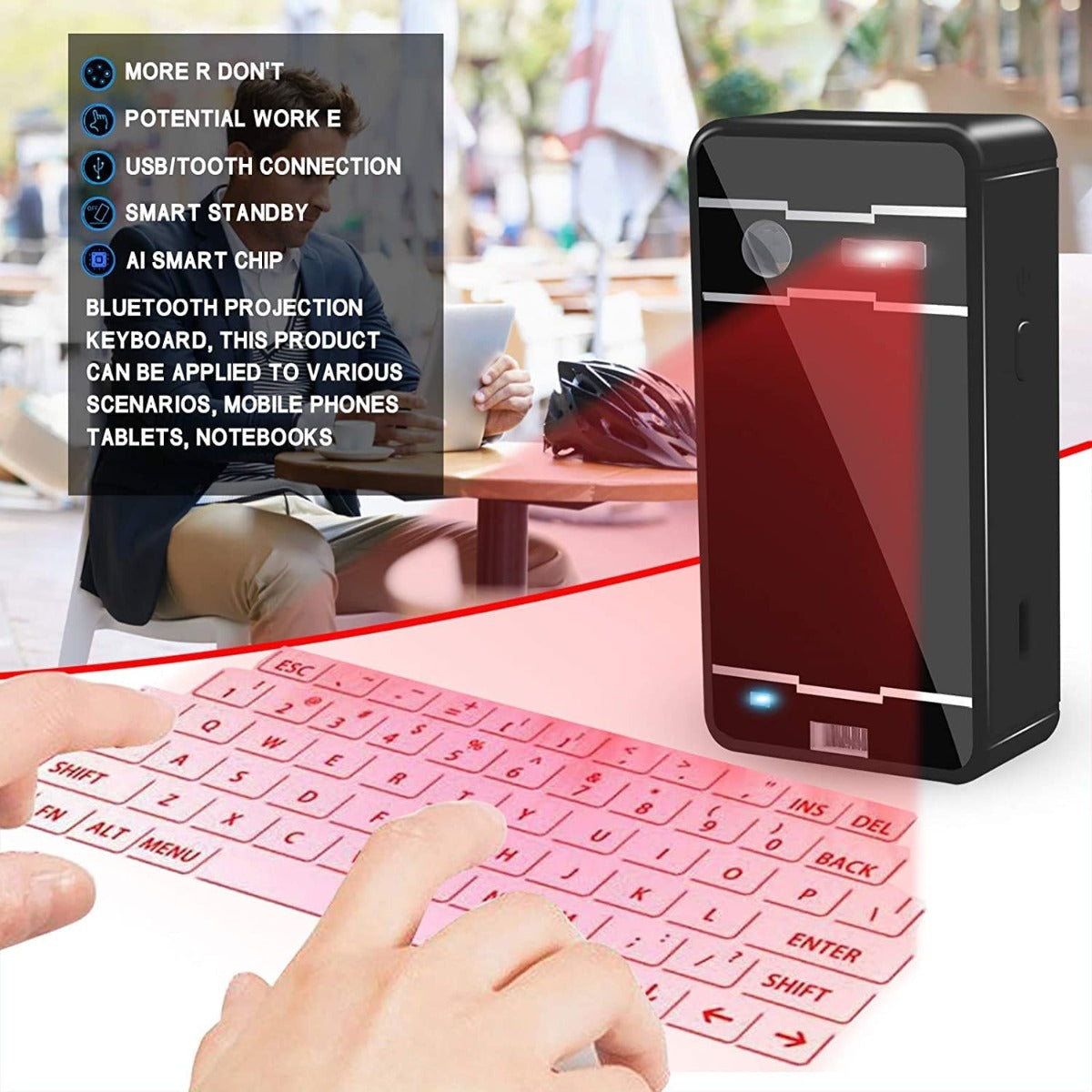 Tastiera laser Bluetooth portatile nera con proiezione rossa luminosa e dito su tasti