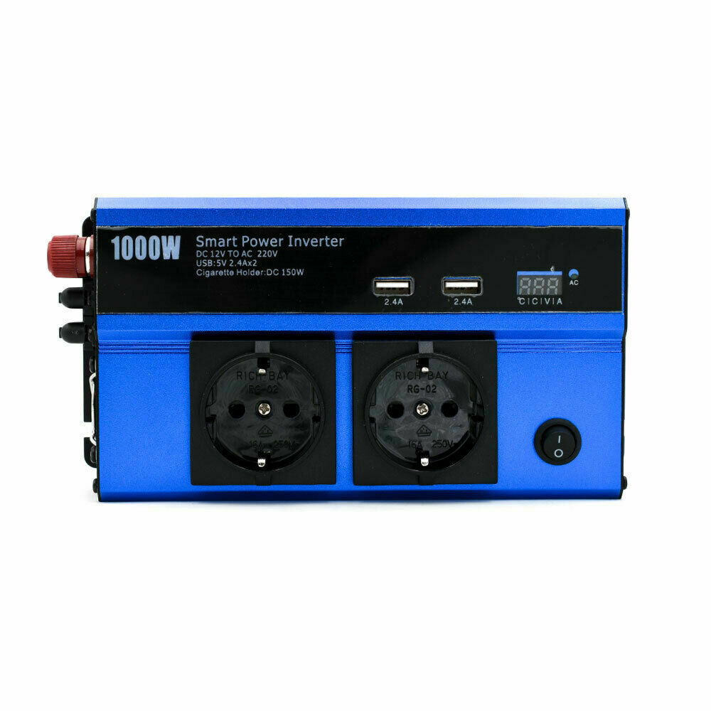 Inverter 12V-220V blu con 2 prese AC, 2 porte USB e interruttore on/off
