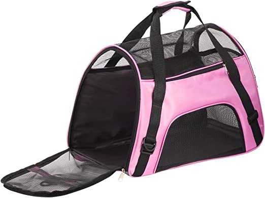 Borsa trasporto rosa con base in rete, due scomparti e chiusura con cerniera