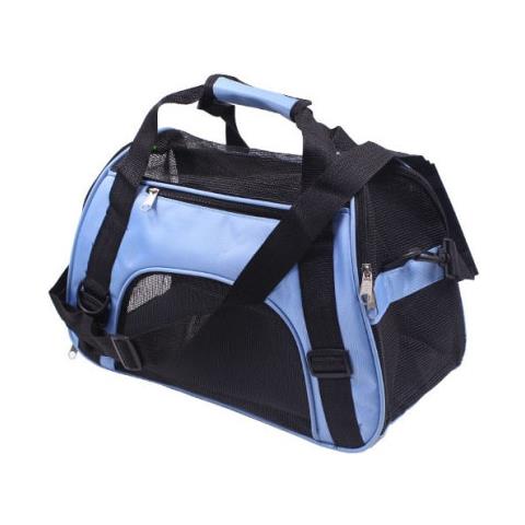 Borsa trasporto blu con pannelli in rete, maniglia superiore e tracolle regolabili