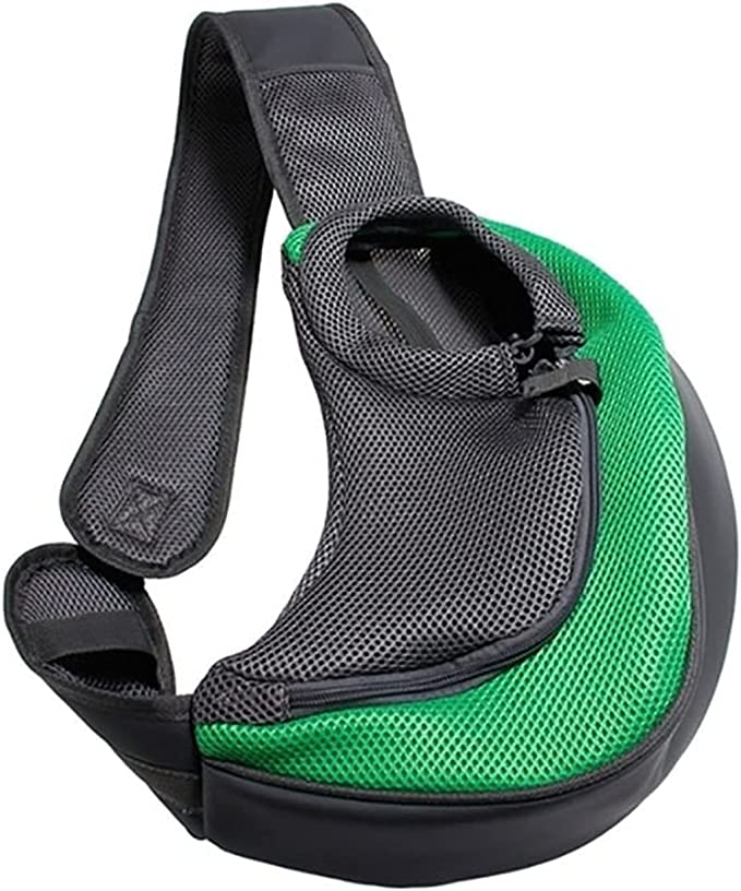 Borsa da viaggio per animali con rete verde e lati neri, tracolla imbottita