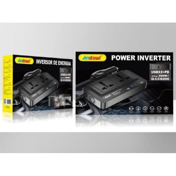 Inverter per auto 300W con 2 porte USB, Q-Cc8200, vista frontale e laterale