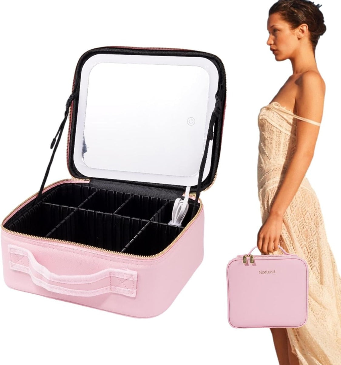 Borsa trucco rosa con specchio LED illuminato, interna con griglie e chiusura zip