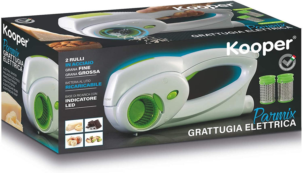 Confezione grattugia elettrica Kooper con rulli e indicazioni Parmix sulla scatola