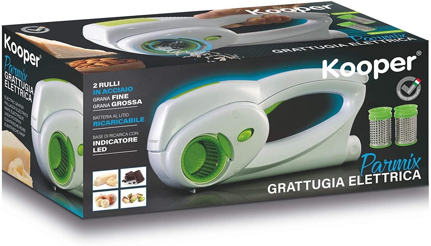 Confezione grattugia elettrica Kooper con rulli e indicazioni Parmix sulla scatola
