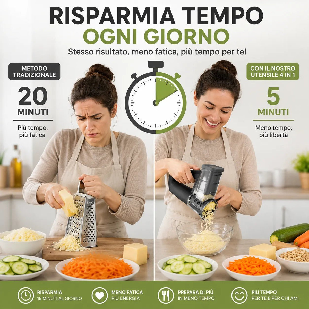 Grattugia Rotativa Manuale 4 in 1 con 4 Lame Intercambiabili – Affetta, Grattugia e Taglia Julienne – Ideale per Formaggio, Verdure, Patate e Frutta Secca - | Prendilo Subito