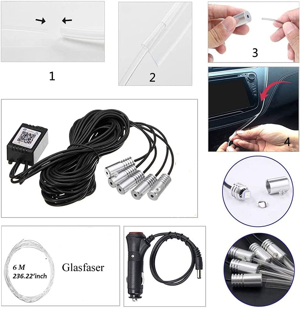 Kit luci LED RGB per interni auto con moduli, cablaggi e staffe di montaggio