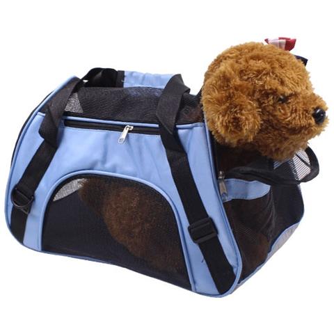 Borsa trasporto per piccoli animali blu con pannelli in rete e tracolla imbottita