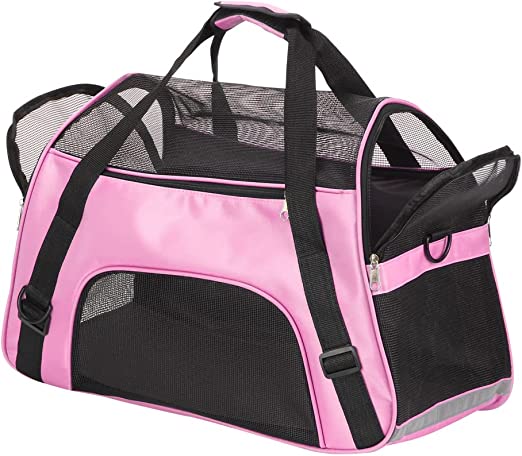 Borsa trasporto rosa con portello in rete laterale, cerniera frontale e tracolle nere