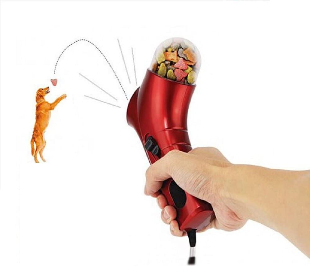Pistola dispenser per crocchette per cani, rossa con bocca e crocchette nel serbatoio