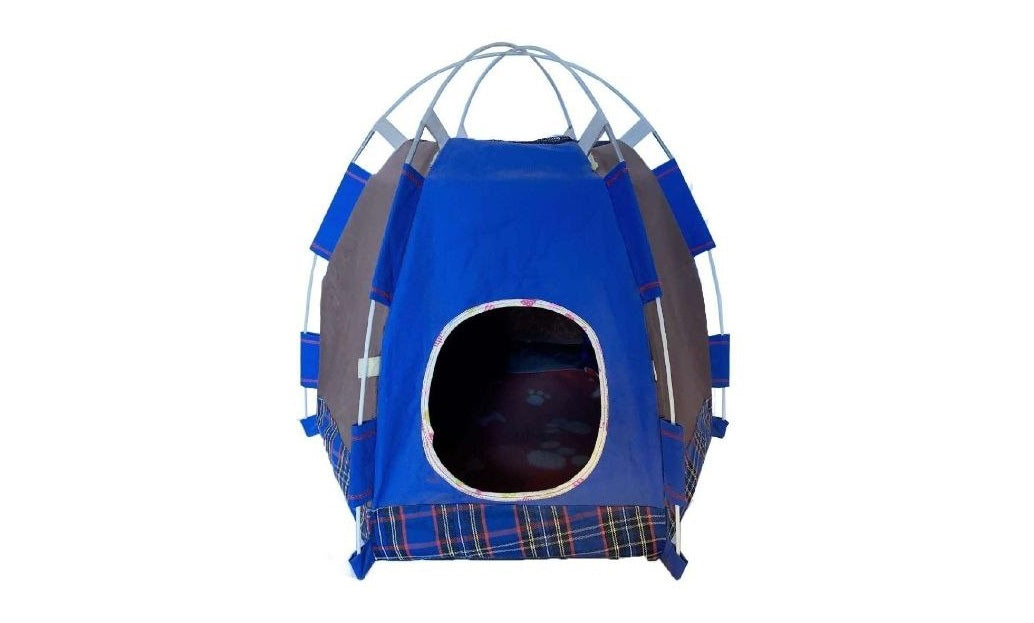 Cuccia tenda impermeabile per animali blu con ingresso rotondo e fondo a quadri