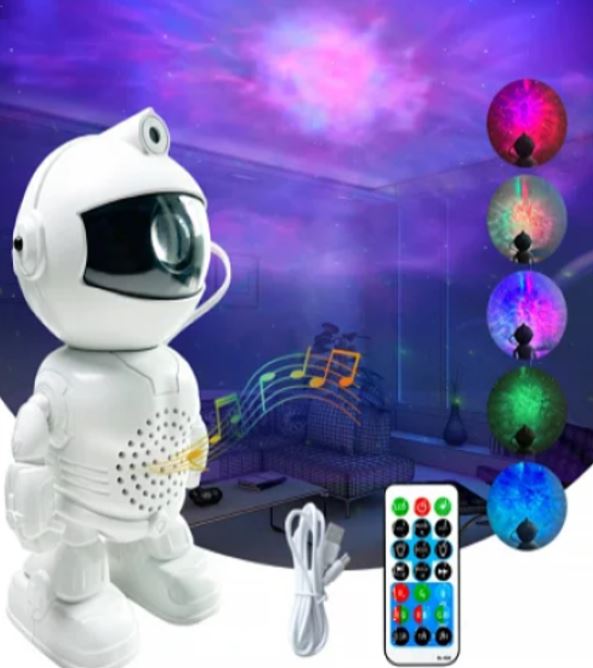 Proiettore astronauta bianco con visore blu, sfere luminose multicolore e telecomando.