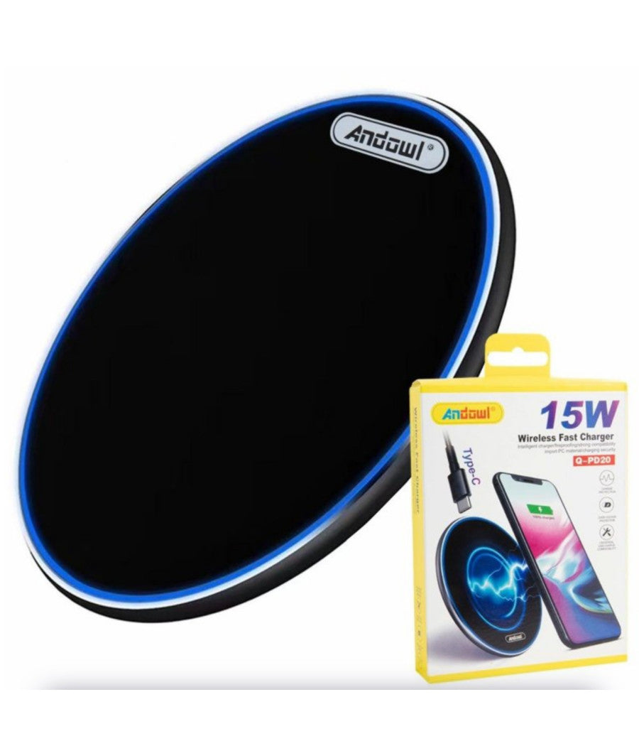 Caricatore wireless 15W Anndowl Q-PD20 con pad nero bordo blu e confezione.