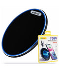 Caricatore wireless 15W Anndowl Q-PD20 con pad nero bordo blu e confezione.