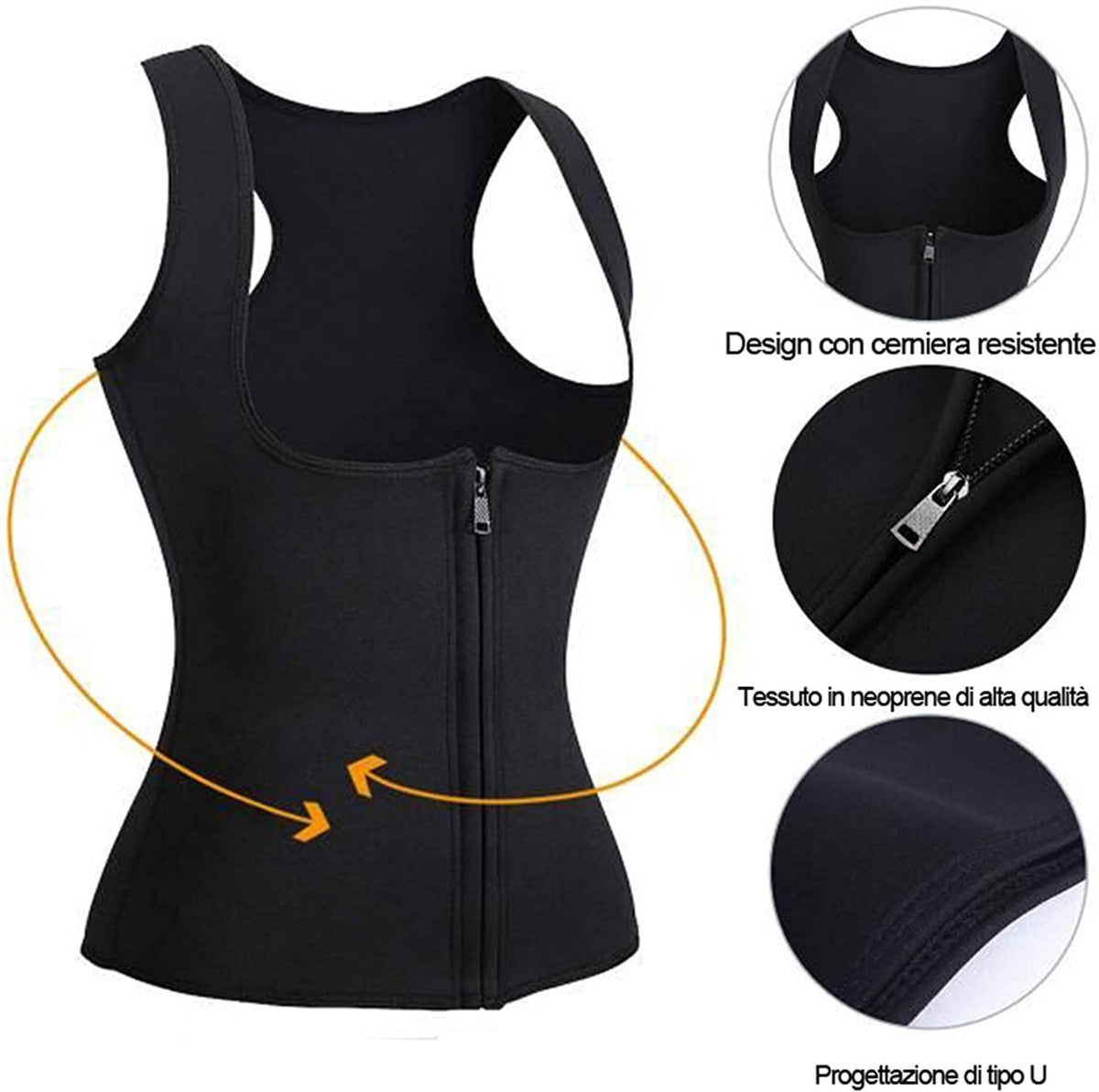 Gilet sauna in neoprene nero con scollo ampio e zip frontale