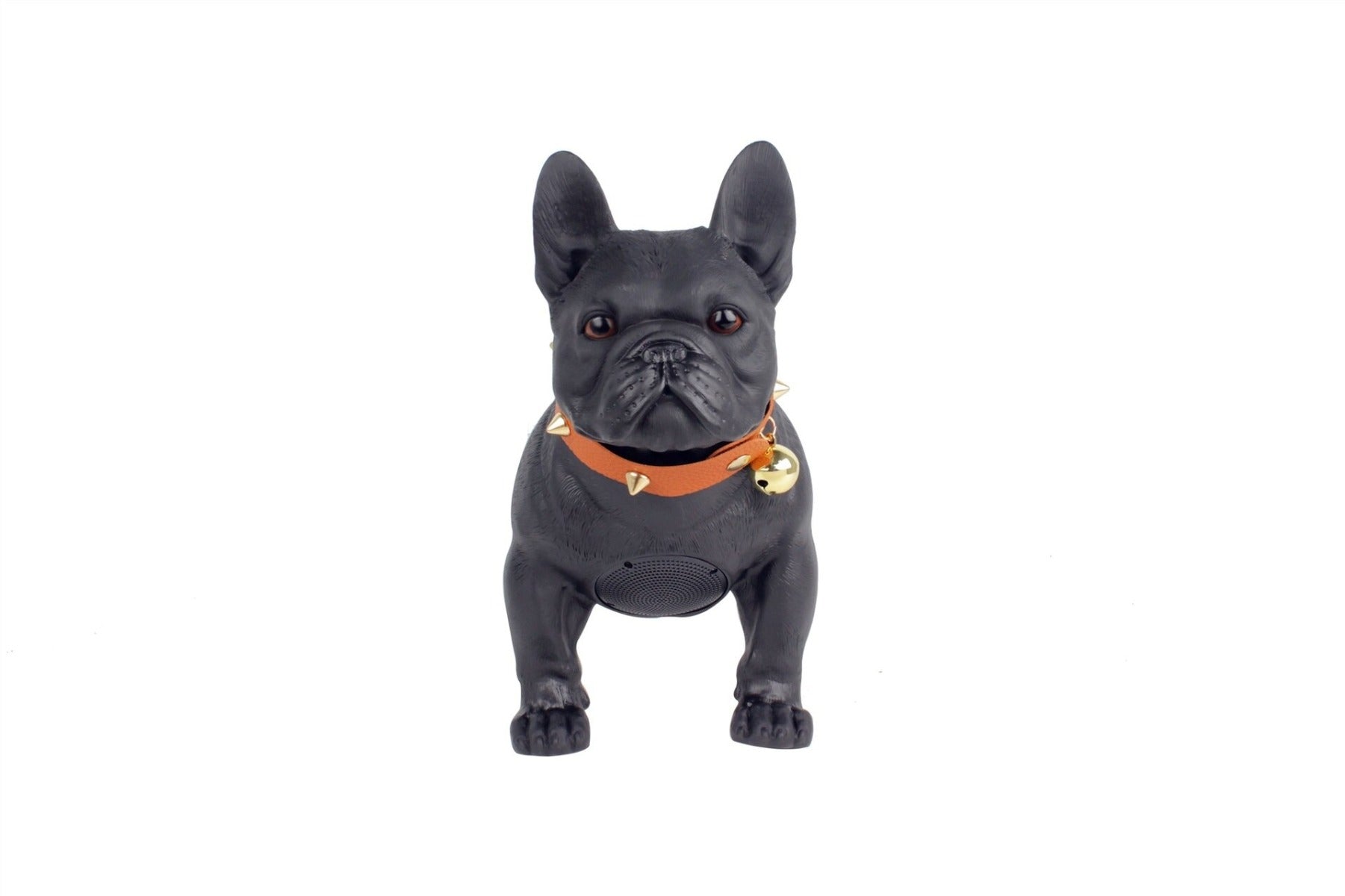 Cassa Bluetooth a forma di bulldog nero con collare arancione e campanella dorata