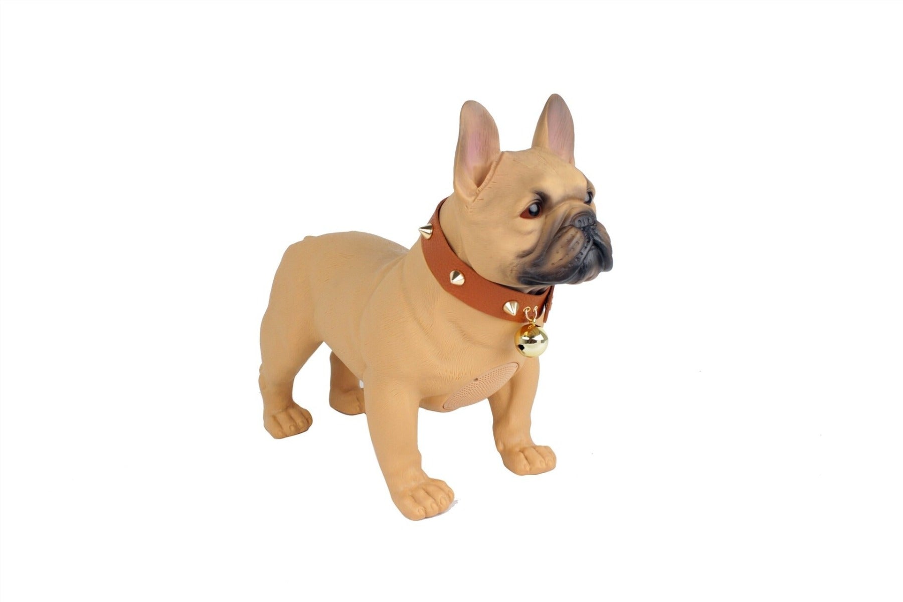 Cassa Bluetooth a forma di bulldog beige con collare arancione e campanella dorata