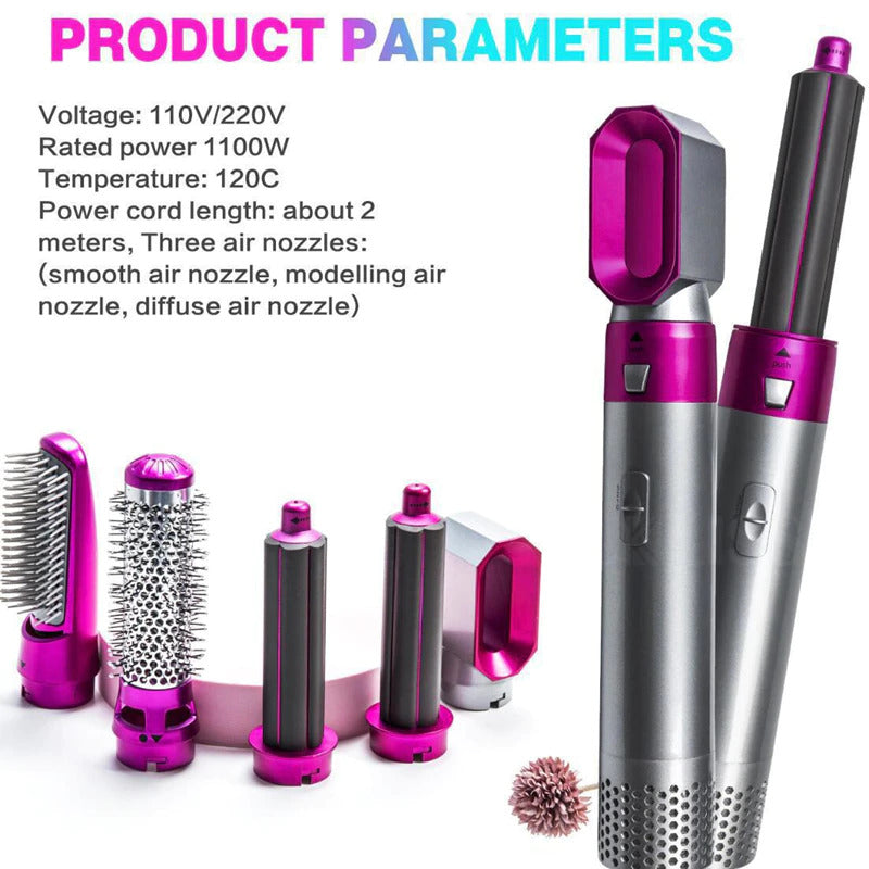 Kit asciugacapelli con accessori viola e argento: spazzola, bocchette e diffusore.