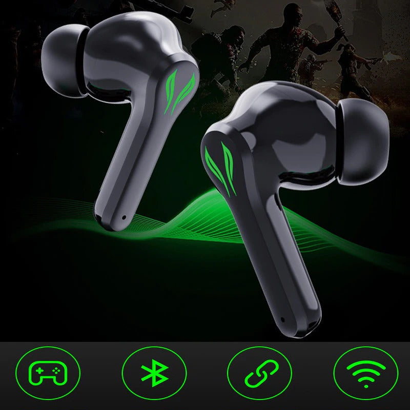 Auricolari in-ear neri con luci LED verdi, design ergonomico