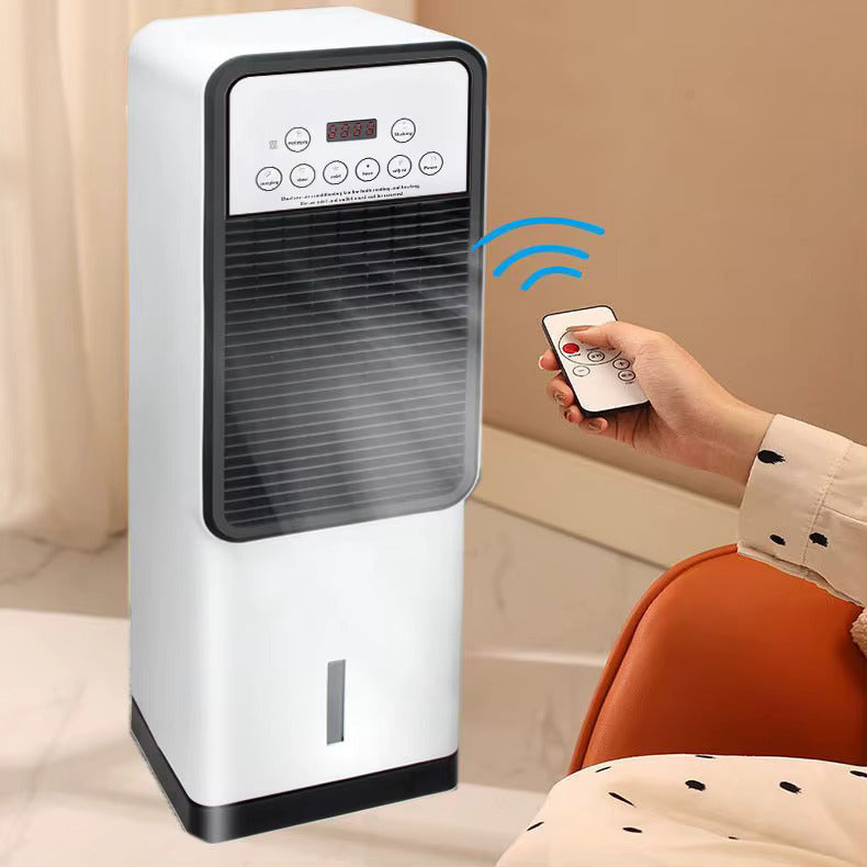 Raffrescatore e termoventilatore 3 in 1 bianco e nero con telecomando a distanza.