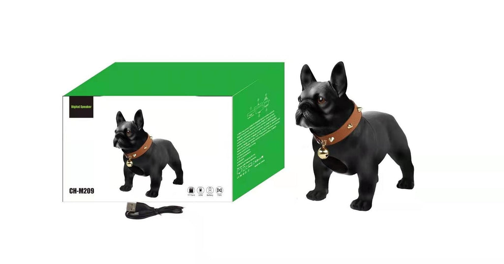 Confezione e cassa Bluetooth a forma di bulldog nero con collare arancione e campanella